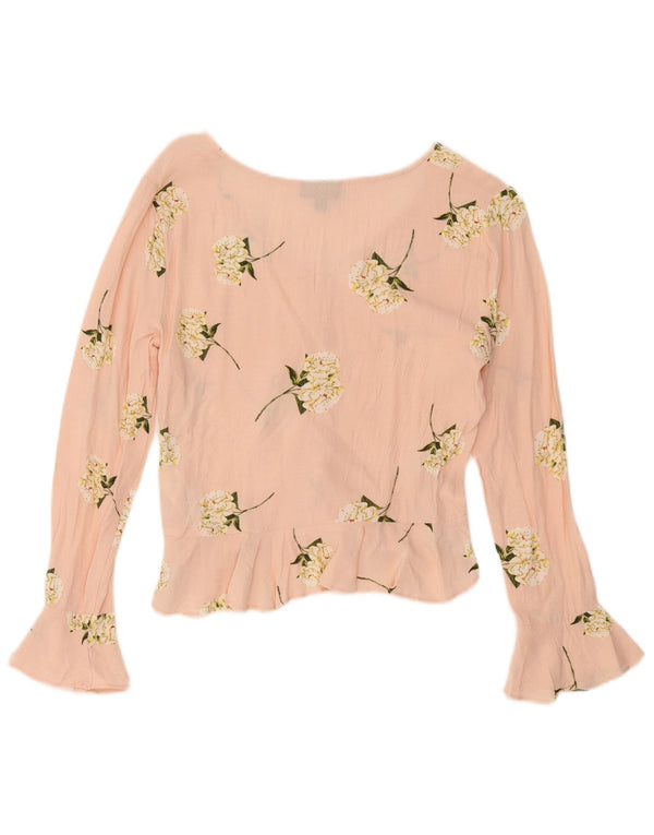 Topshop Damen-Blusenoberteil mit langen Ärmeln, Gr. 6, XS, Viskose mit rosa Blumenmuster