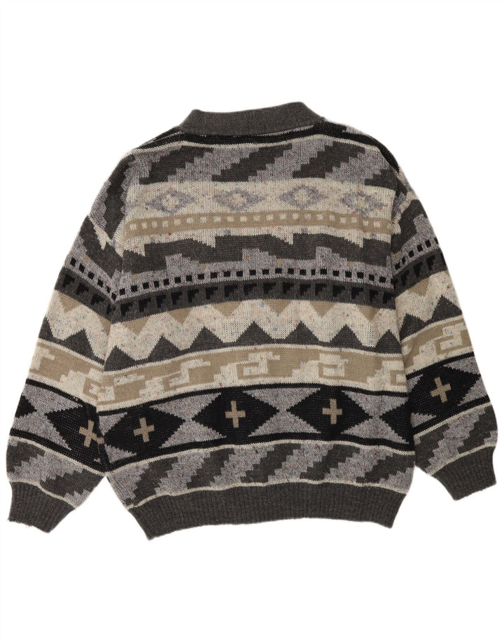 VINTAGE Herren Cardigan Pullover XL Grau Geometrisch Acryl