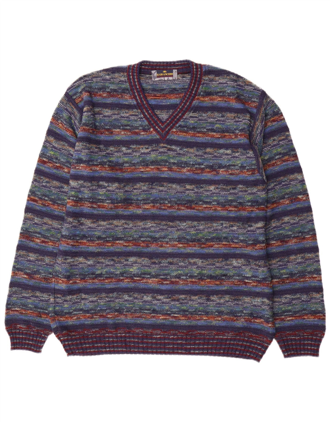 Il Granchio Herren-Pullover mit V-Ausschnitt, mittelgroß, mehrfarbig, gestreift, Baumwolle