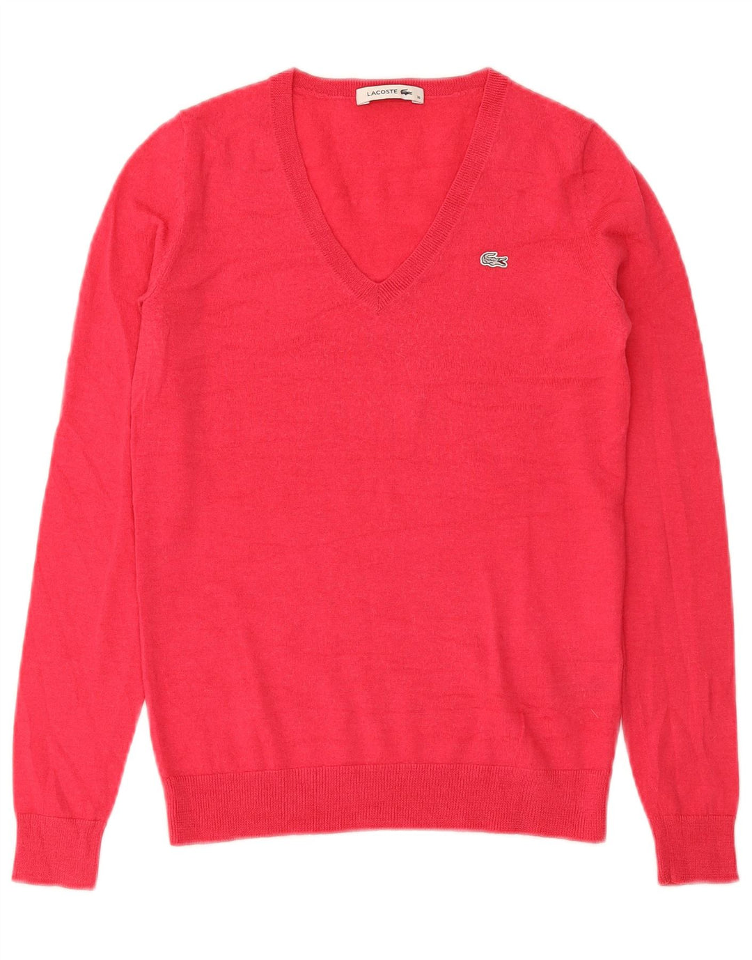 Lacoste Damen-Pullover mit V-Ausschnitt, Größe 36, kleine rote Merinowolle
