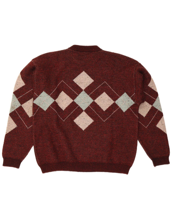 Vintage Herren Pullover mit Rundhalsausschnitt, groß, Burgunderrot, Argyle/Diamant