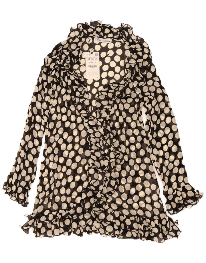 Zara Damen Robe-Kleid mit Rüschen vorne, UK 12, Mittelschwarz, gepunktete Viskose