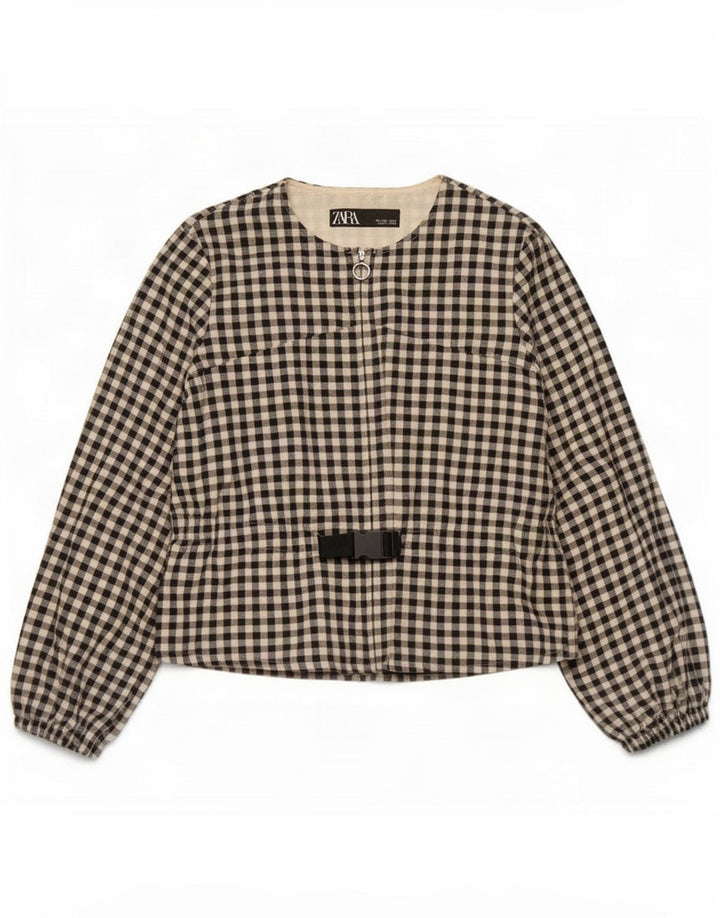 Zara Damen Bomberjacke UK 16 Große schwarze Gingham-Baumwolle