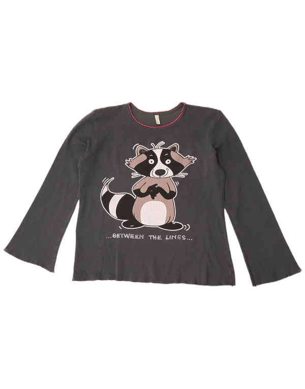 Benetton Mädchen-Oberteil mit Cartoon-Waschbär-Grafik, langärmlig, 11–12 Jahre, Grau