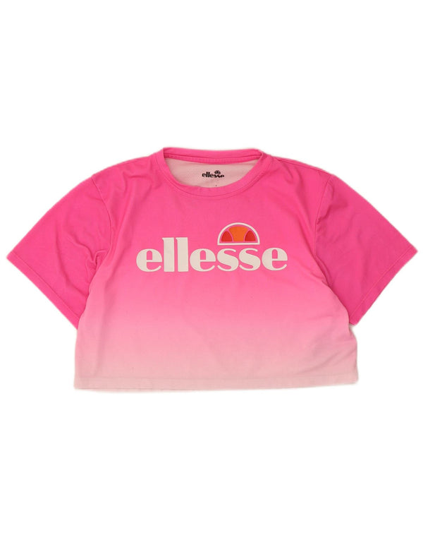 Ellesse Damen Crop Graphic T-Shirt Top UK 14 Mittelrosa Farbblock
