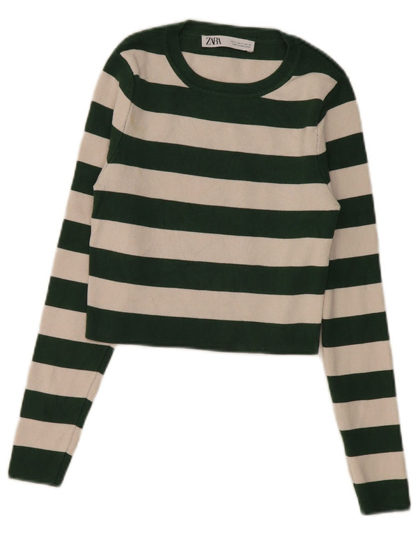 Zara Damen Crop-Pullover mit U-Boot-Ausschnitt, UK 12, mittelgrün gestreift