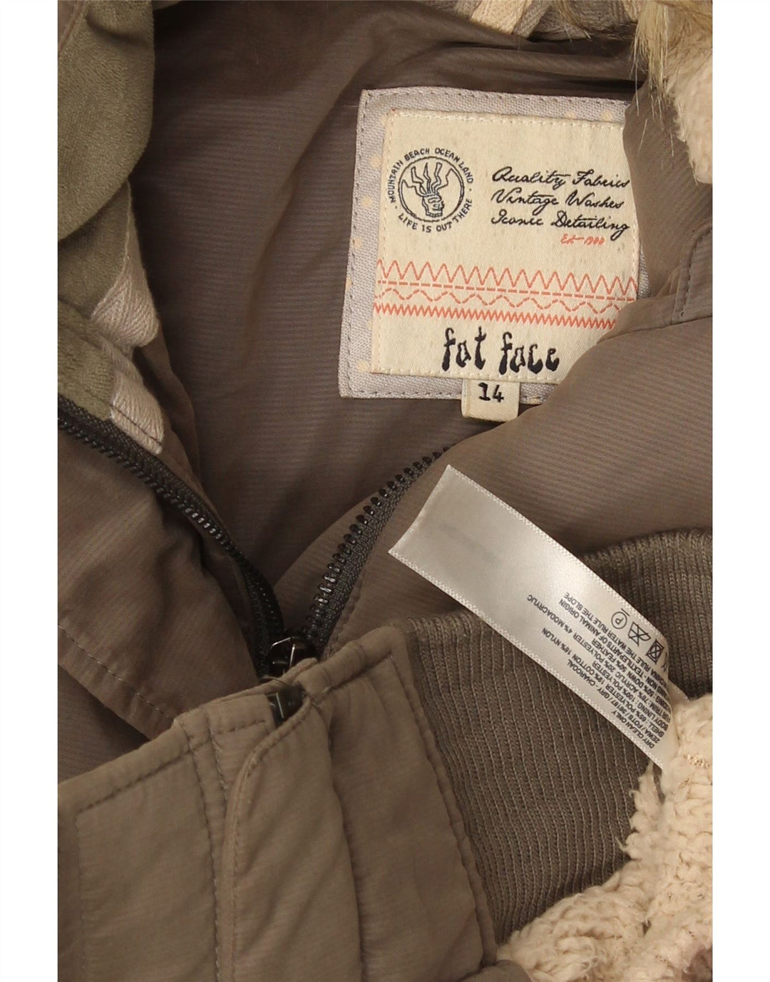 Fat Face Wattierte Damenjacke mit Kapuze, UK 14, Mittelkhaki, Polyester