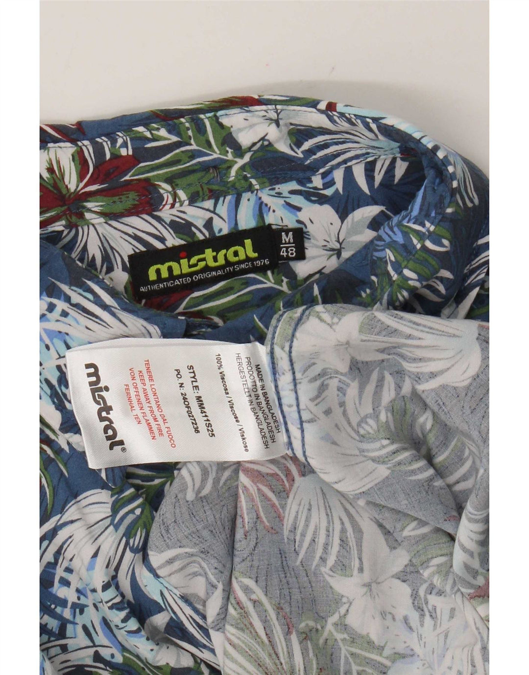 Mistral Herren Kurzarmhemd IT 48 Mittelblaue Viskose mit Blumenmuster