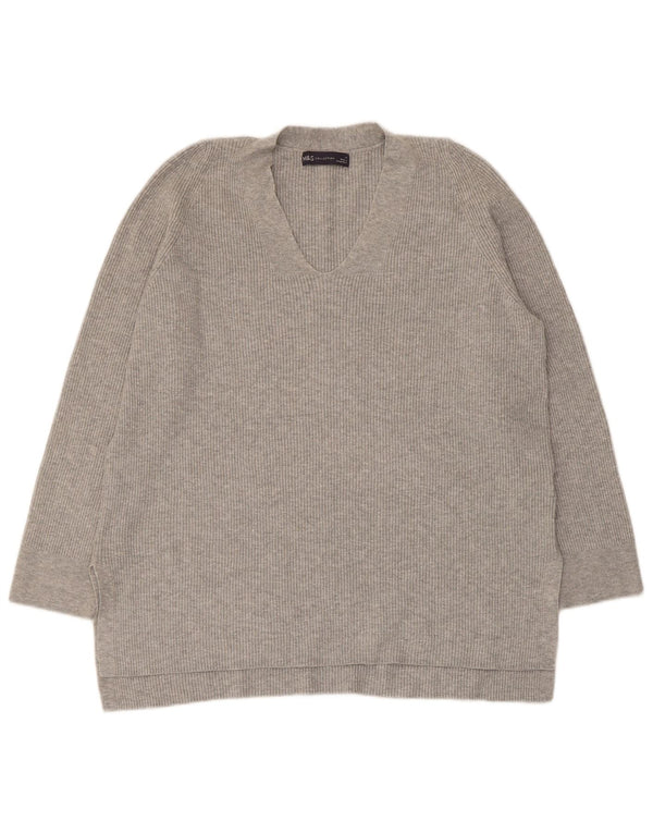 Marks & Spencer Damen-Pullover mit V-Ausschnitt, UK 14, Größe L, graue Viskose