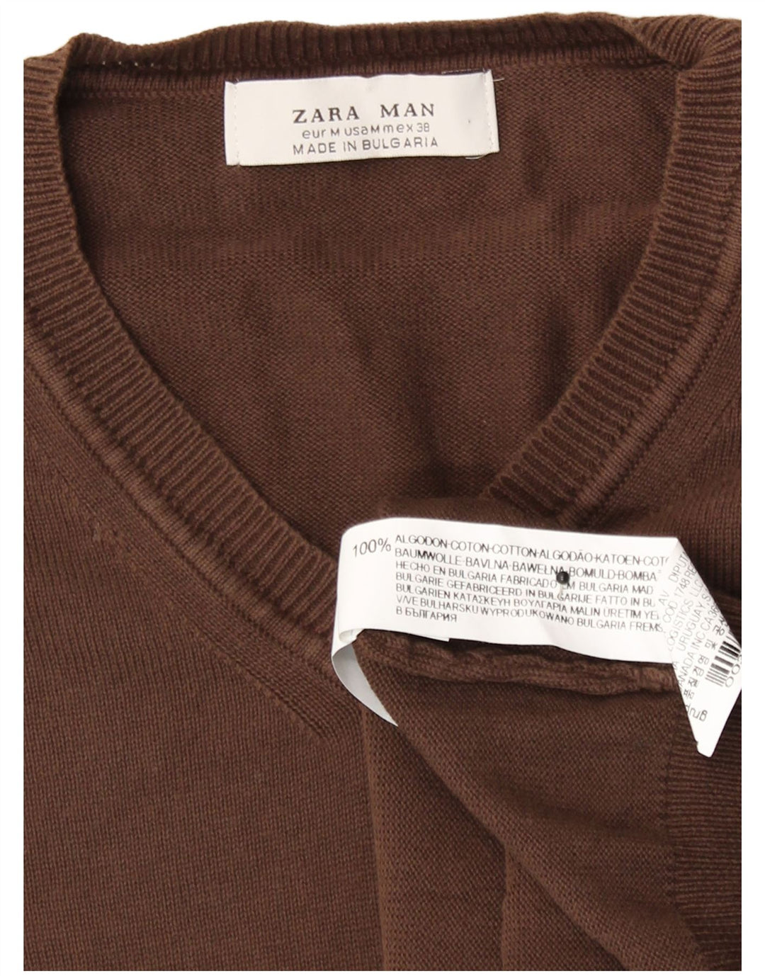Zara Herren-Pullover mit V-Ausschnitt aus mittelbrauner Baumwolle