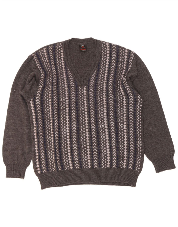 Rinaldi Herren-Pullover mit V-Ausschnitt aus mittelgrauer, geometrischer Wolle