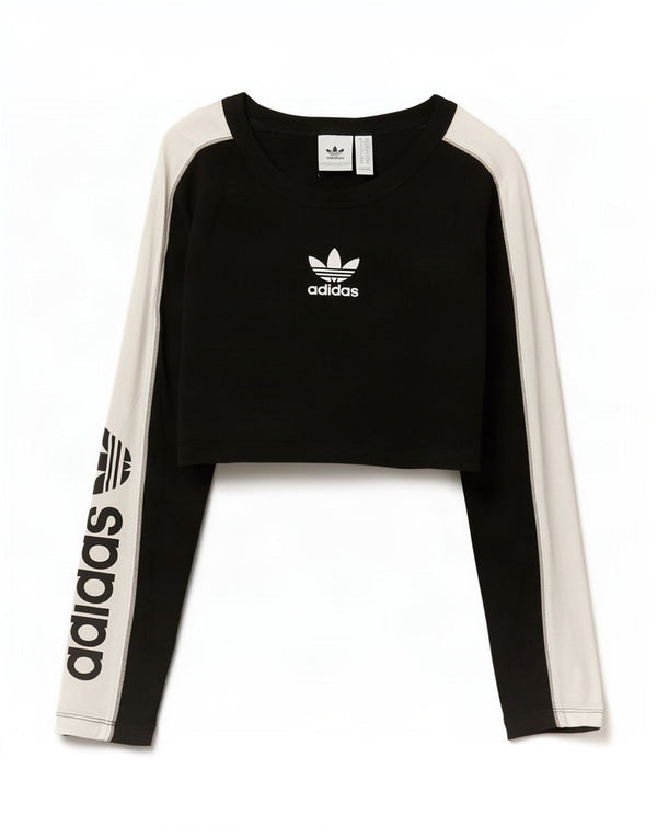 Adidas Damen Crop Graphic Top Langarm UK 6 XS Schwarz Colourblock Baumwolle