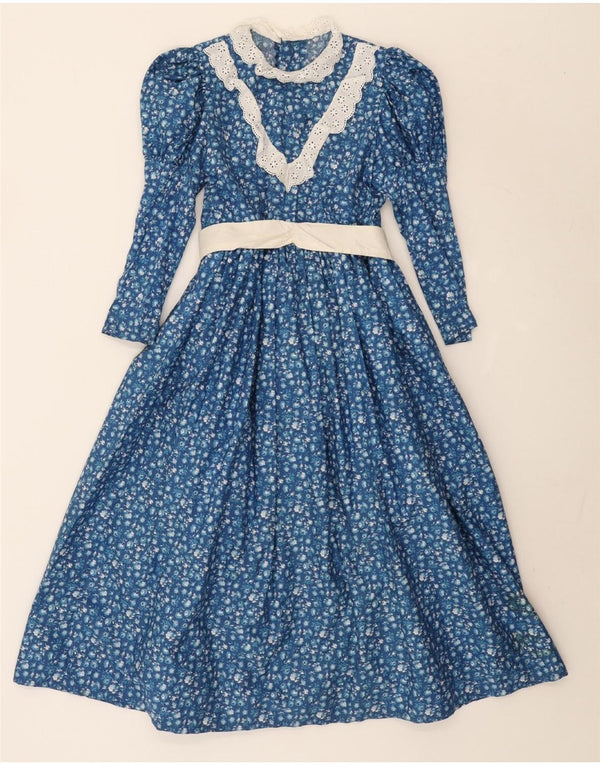 Vintage Damen Langarm Maxikleid UK 10 Small Blue Floral
