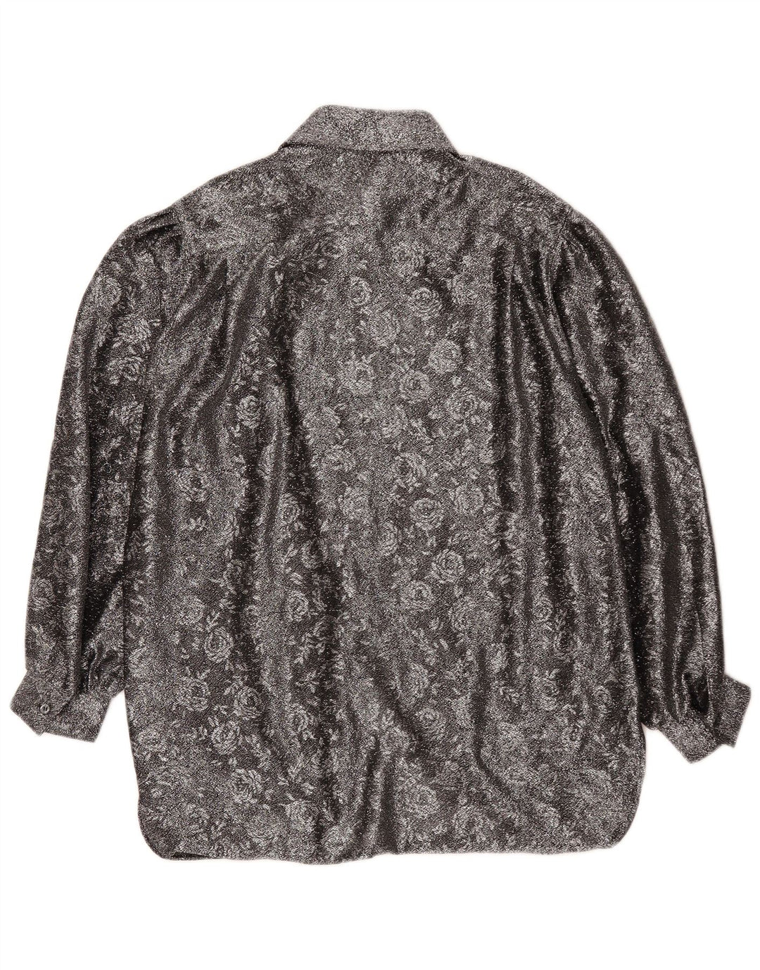 Vintage Damen-Hemd mit lockerer Passform, EU 42, großes silbernes Blumenmuster aus Polyester
