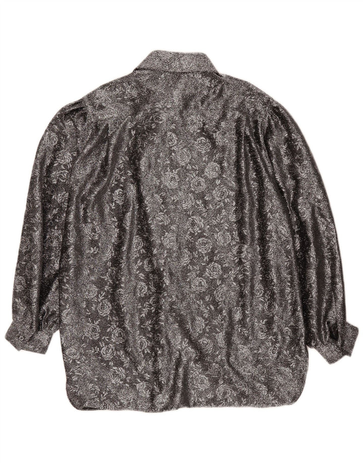 Vintage Damen-Hemd mit lockerer Passform, EU 42, großes silbernes Blumenmuster aus Polyester