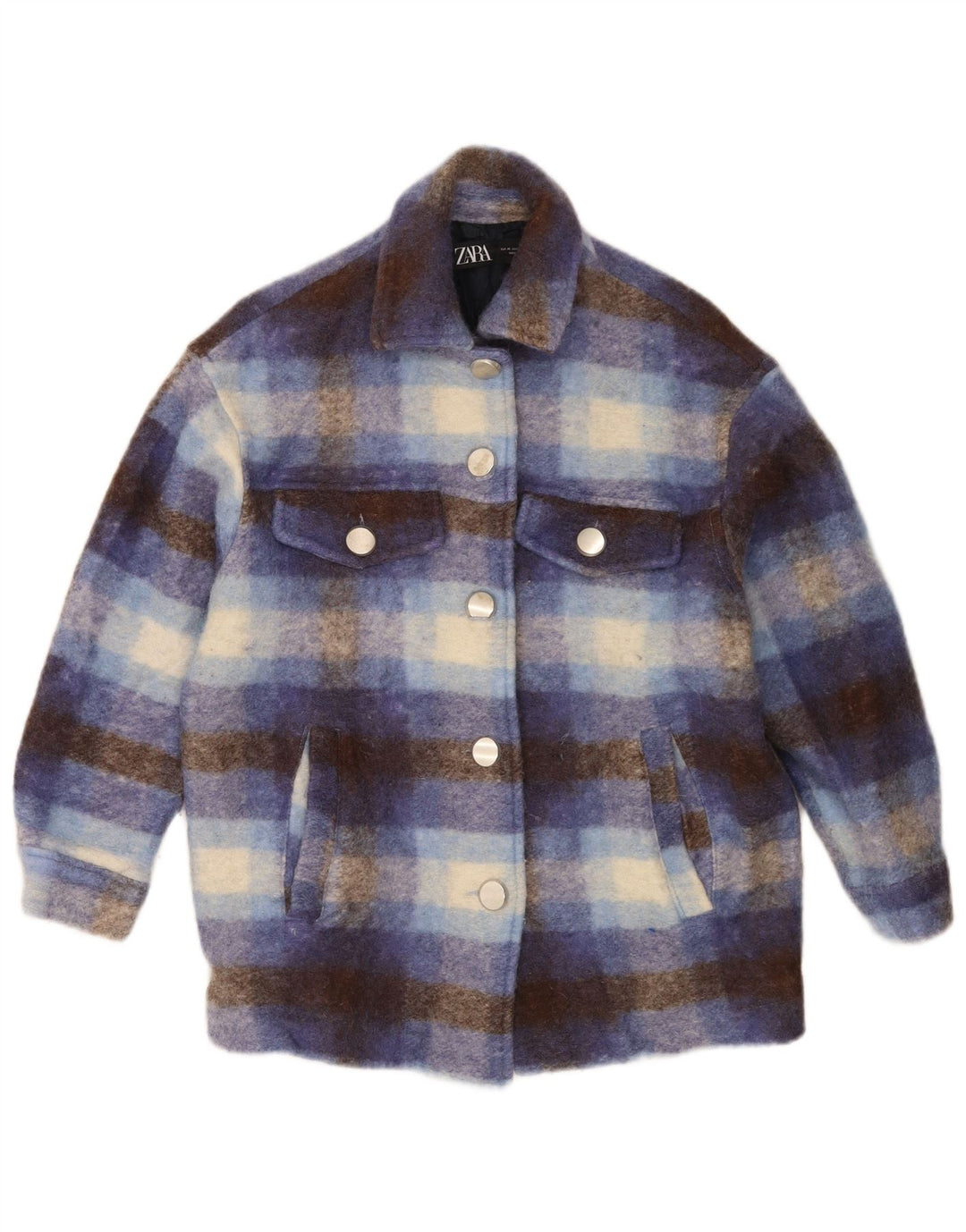Übergroße Shacket-Jacke von Zara für Damen, UK 6, XS, blau karierte Wolle