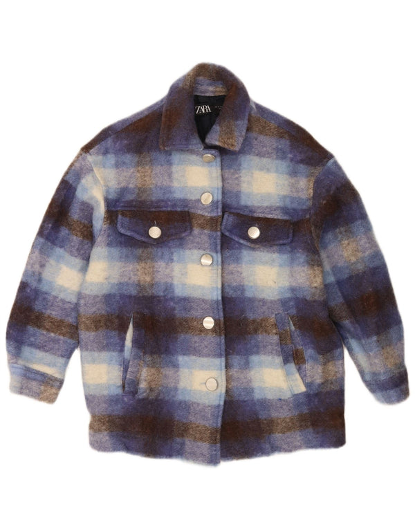 Übergroße Shacket-Jacke von Zara für Damen, UK 6, XS, blau karierte Wolle