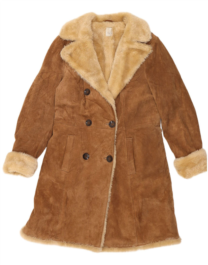 Camaieu Damen Zweireihiger Shearling-Mantel UK 14 Large Beige Leder