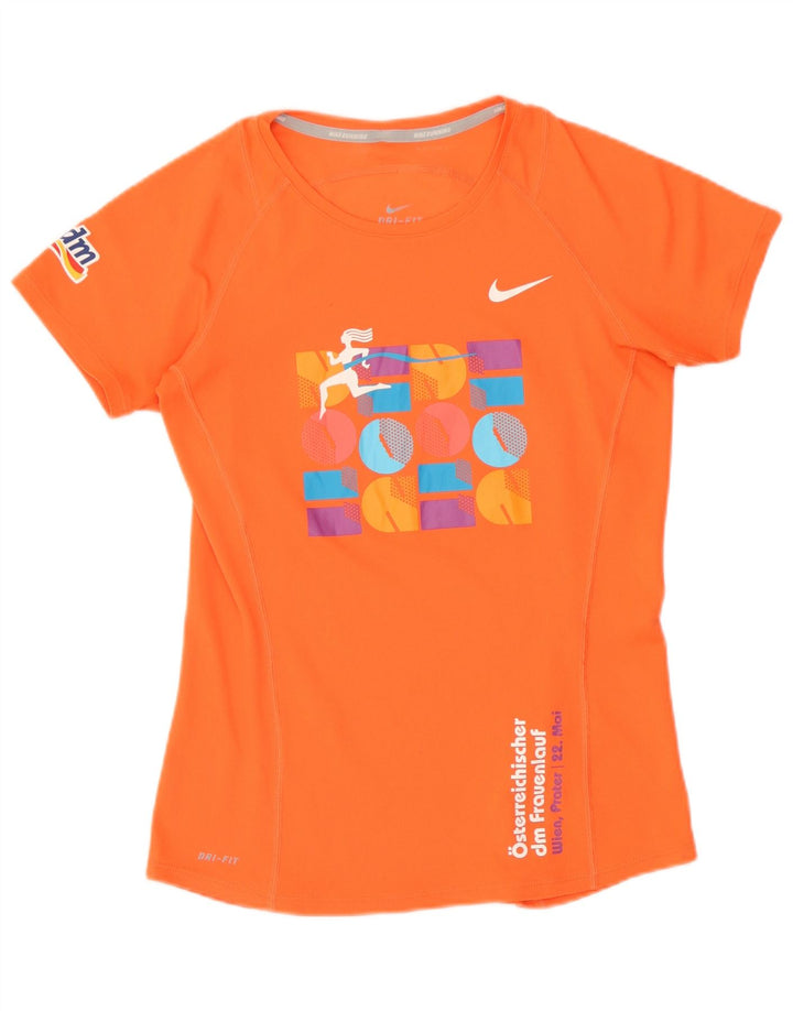 Nike Damen Dri Fit Graphic T-Shirt Top UK 10 Small Orange Polyester