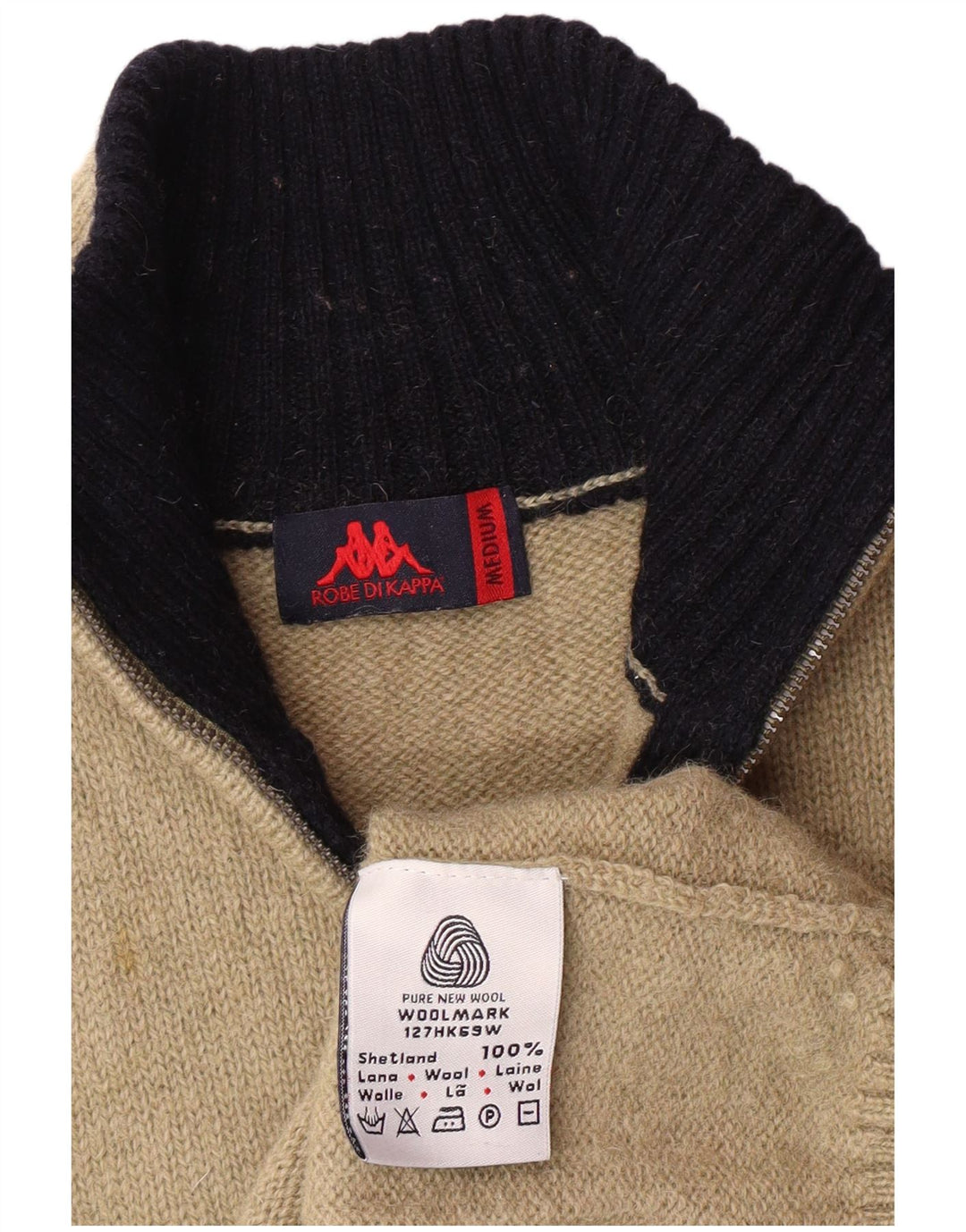 Kappa Damen-Pullover mit Reißverschluss am Hals, Mittelbeige, gestreift, klassisch aus Wolle