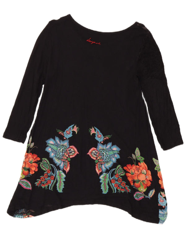 Desigual Damen Langarm-Tunika-Top UK 12 Medium Schwarz Floral Bohemian