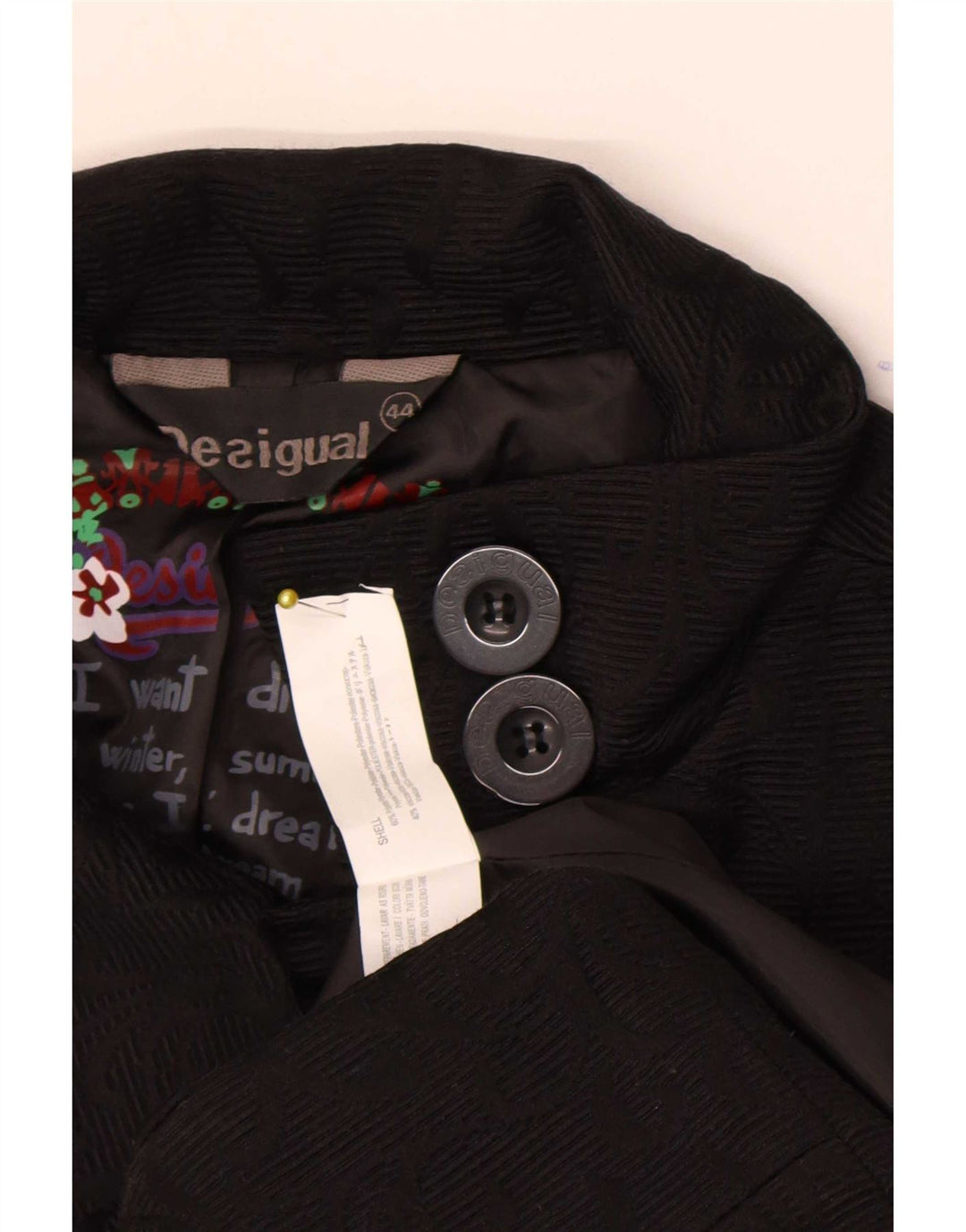 Desigual Womens Graphic Overcoat EU 44 XL Schwarzes geometrisches Polyester