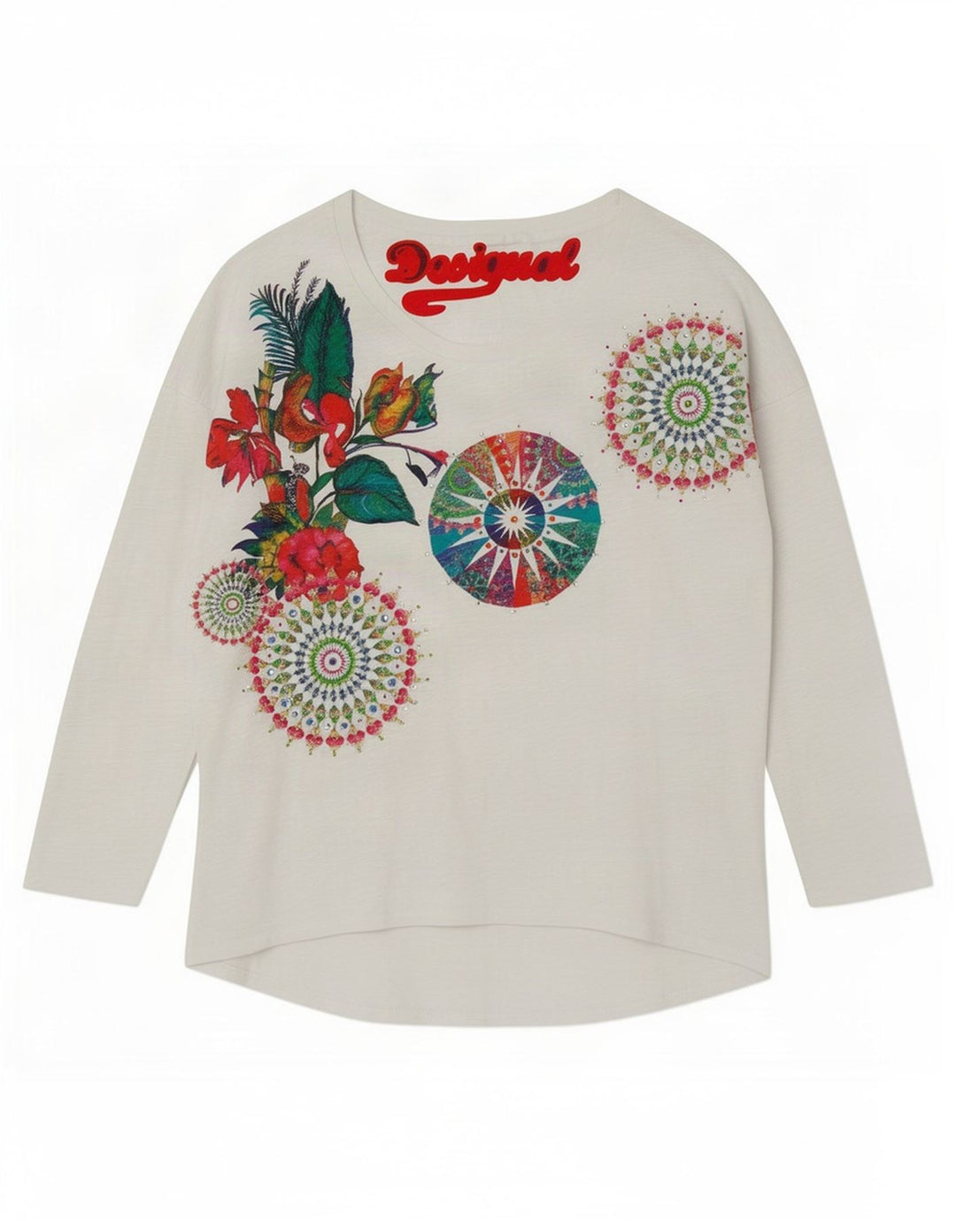 Desigual Damen Graphic Top Langarm UK 16 Large Weiß
