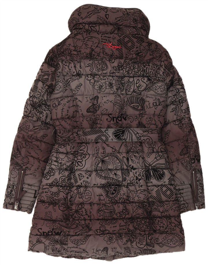 Desigual Damen Kapuzenmantel, gepolstert, EU 38, Mittelschwarz, Blumenmuster, Polyester