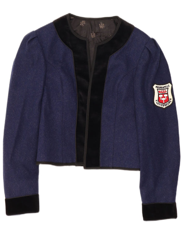 Vintage Damen Trachten Crop Open Blazer Jacke UK 12 Medium Navy Blue