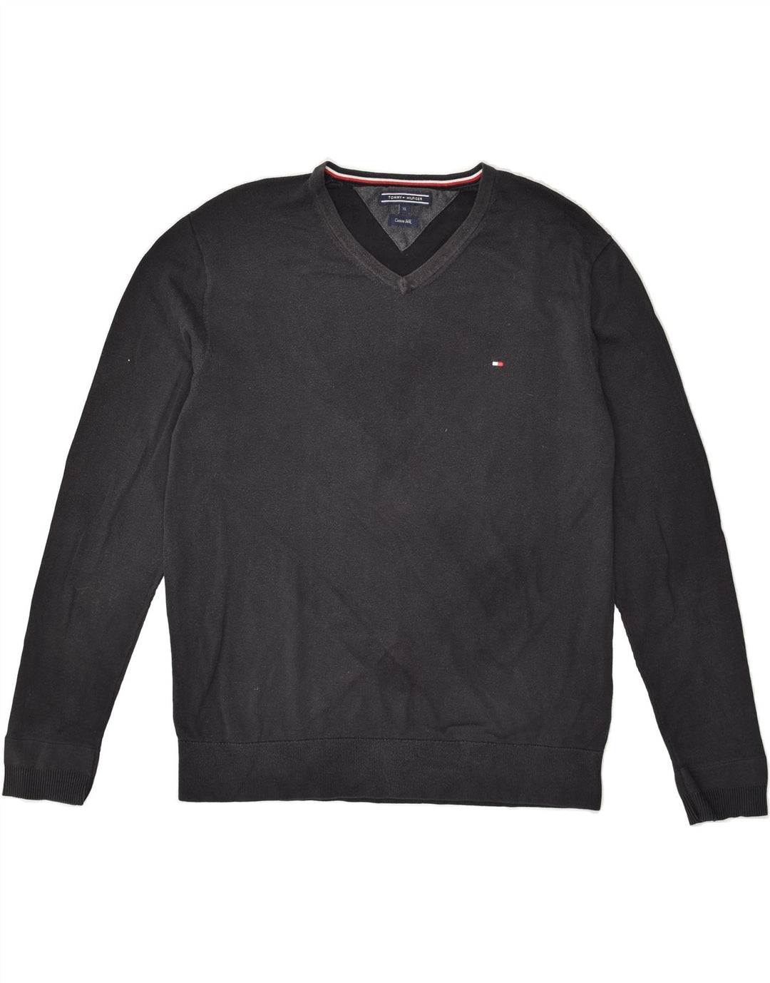 TOMMY HILFIGER Mens V-Neck Jumper Sweater XL Navy Blue Cotton | Vintage Tommy Hilfiger | Thrift | Second-Hand Tommy Hilfiger | Used Clothing | Messina Hembry 