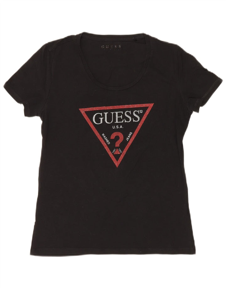 GUESS Damen Grafik T-Shirt Top UK 8 Small Schwarz Baumwolle
