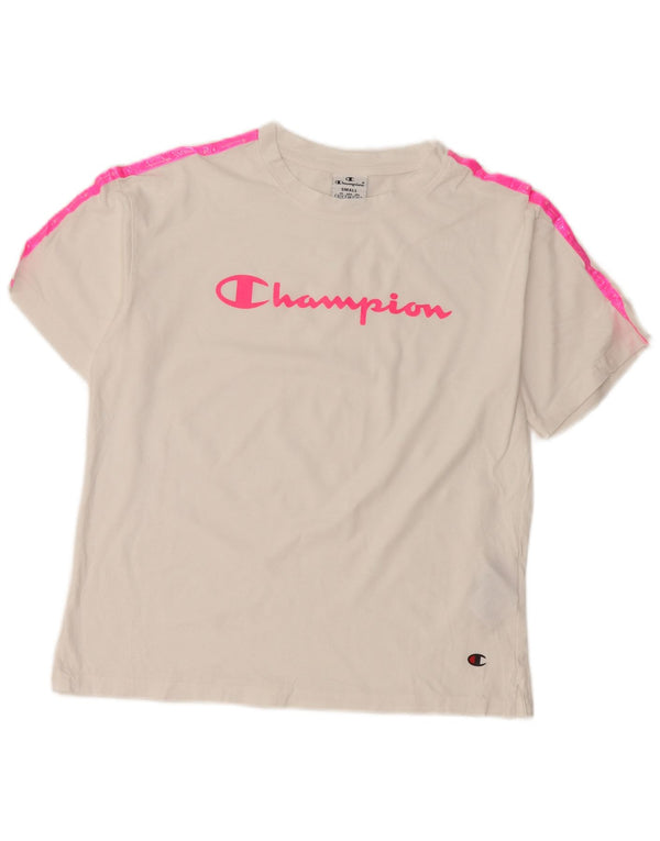 Champion Damen Crop Graphic T-Shirt Top UK 10 Small Weiß Farbblock
