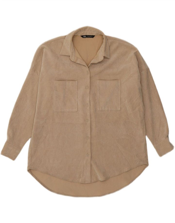 Zara Damen Übergroßes Cordhemd UK 6 XS Beige Polyester