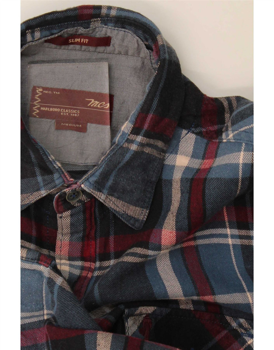 Marlboro Classics Herren-Flanellhemd mit schmaler Passform, Mittelblau kariert