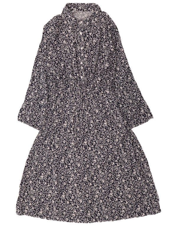 VINTAGE Damen Langarm-Maxikleid UK 14 Große marineblaue geblümte Baumwolle