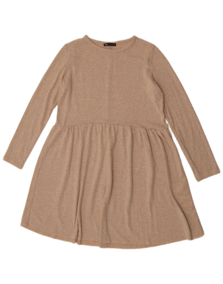 Langärmliges A-Linien-Kleid von Zara für Damen, UK 12, mittelbeigefarbenes geflecktes Polyester