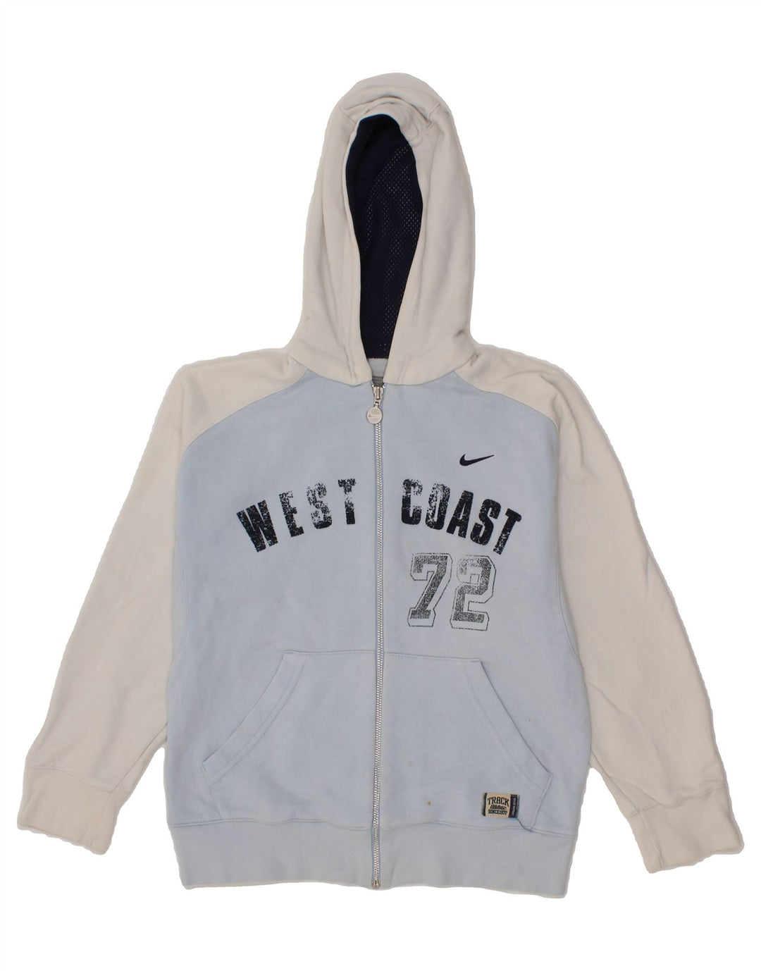 NIKE Boys Graphic Zip Hoodie Sweater 9-10 Years Medium Blue Colourblock Vintage Nike and Second-Hand Nike from Messina Hembry 