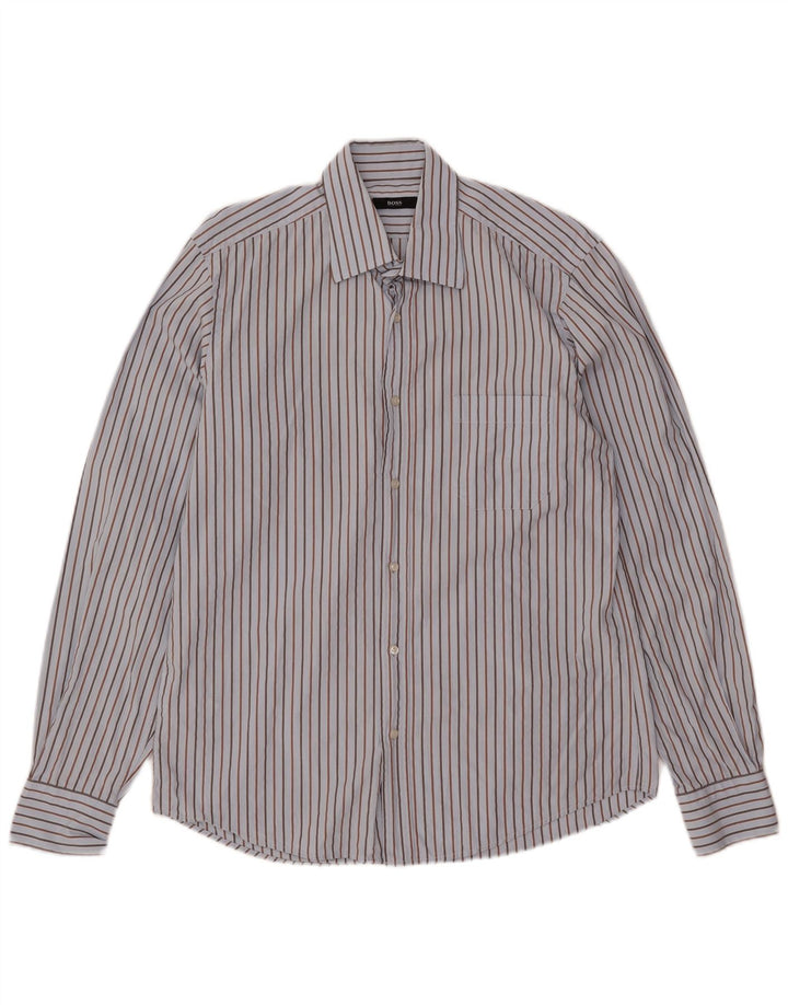 Hugo Boss Herrenhemd Größe 40 15 3/4 mittelblau gestreifte Baumwolle