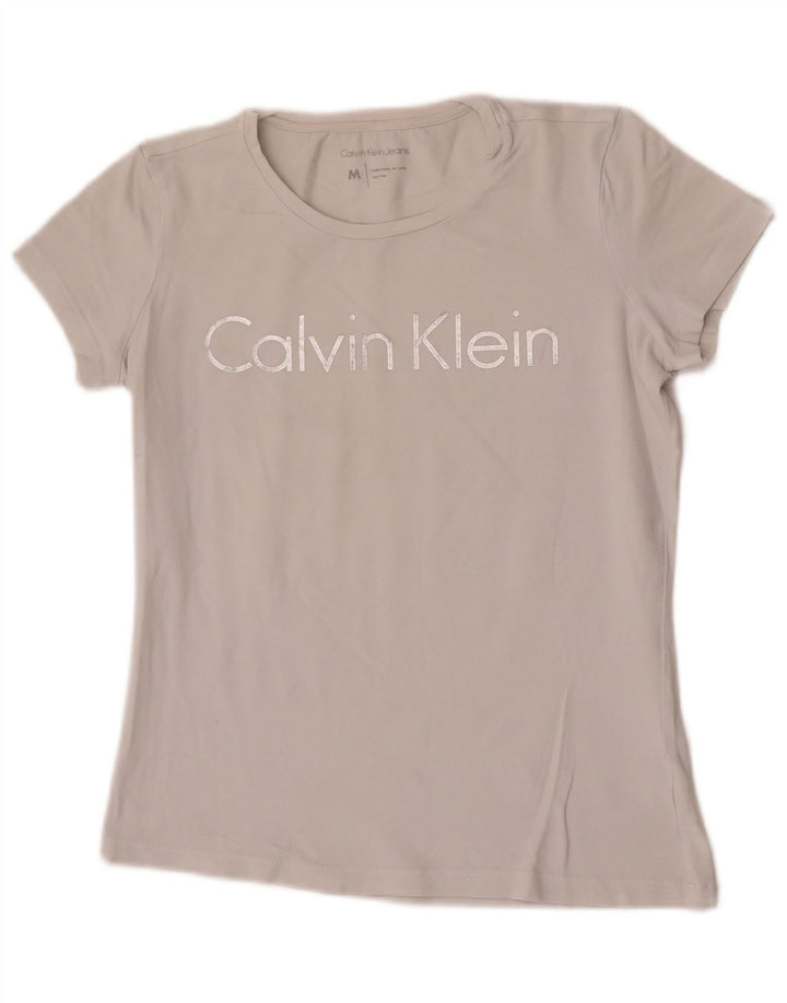 Calvin Klein Jeans Damen Grafik-T-Shirt-Oberteil UK 12 Mittelweiß
