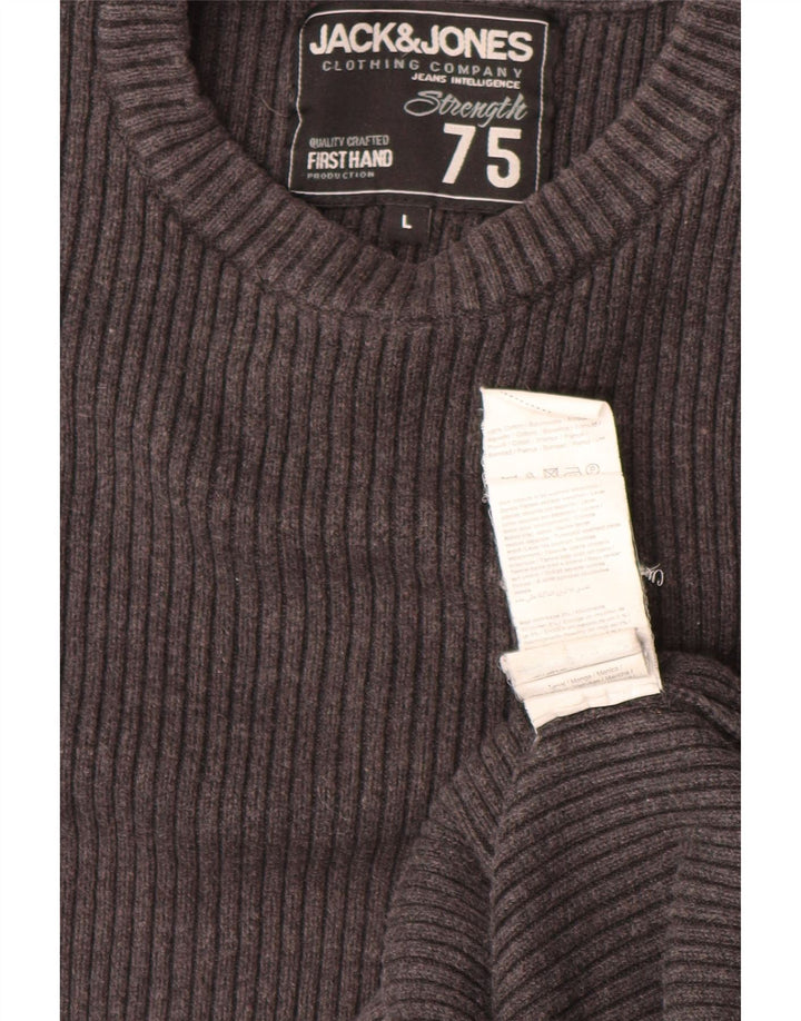 JACK & JONES Herren-Pullover mit grafischem Rundhalsausschnitt, groß, graue Baumwolle