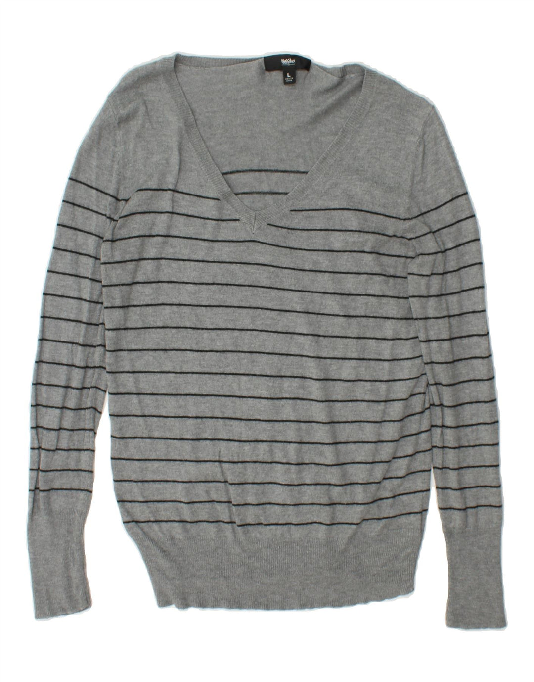 MOSSIMO Womens V-Neck Jumper Sweater UK 14 Large Grey Striped Nylon Vintage Mossimo and Second-Hand Mossimo from Messina Hembry 