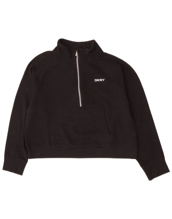 Dkny Damen Crop Zip Neck Sweatshirt Pullover UK 16 Large Schwarz Baumwolle