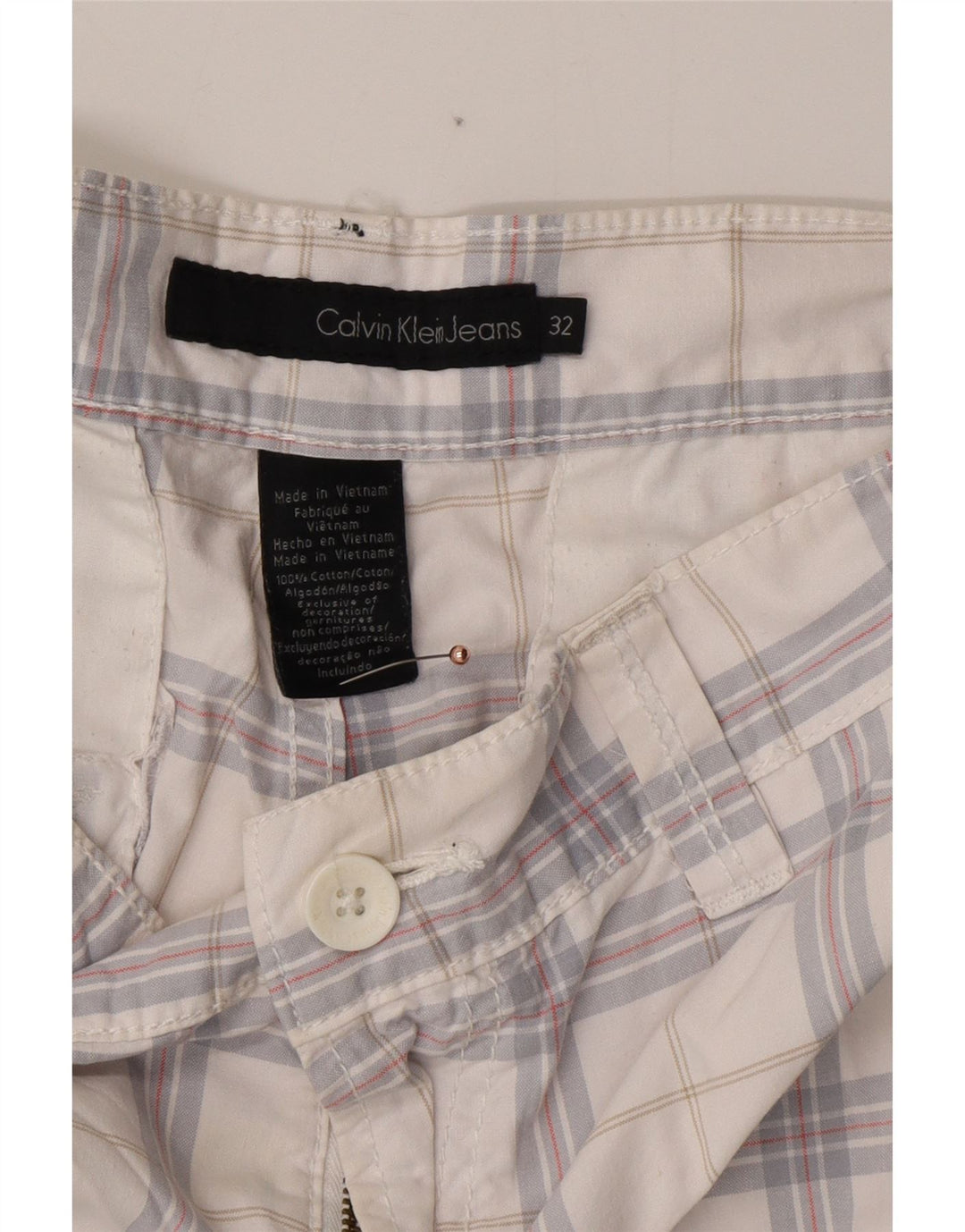 CALVIN KLEIN Herren Cargoshorts W32 Mittelweiß karierte Baumwolle