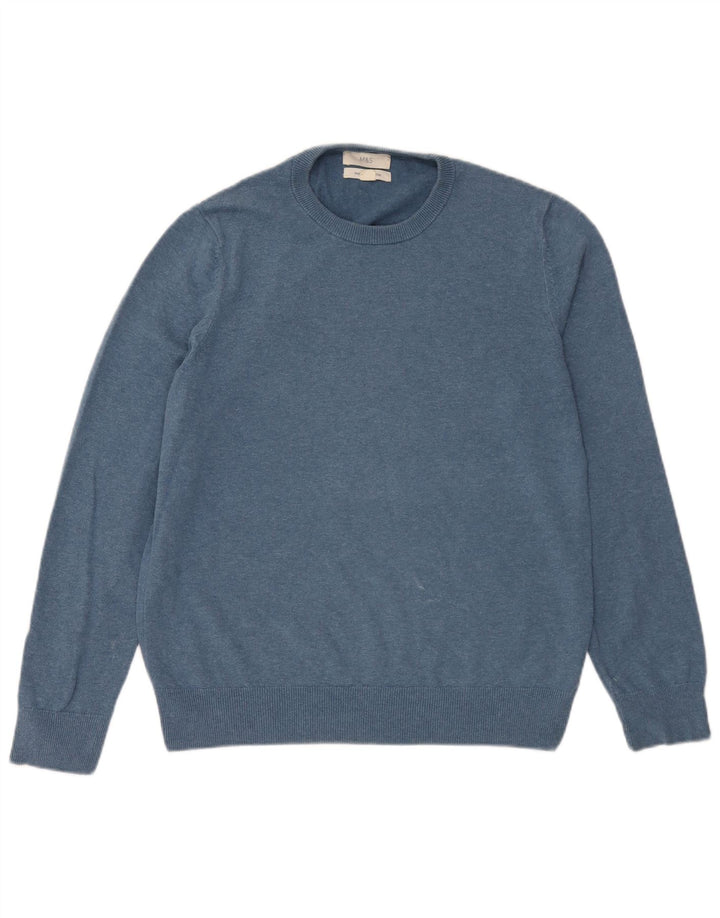 Marks & Spencer Herren-Pullover mit Rundhalsausschnitt, mittelblaue Baumwolle
