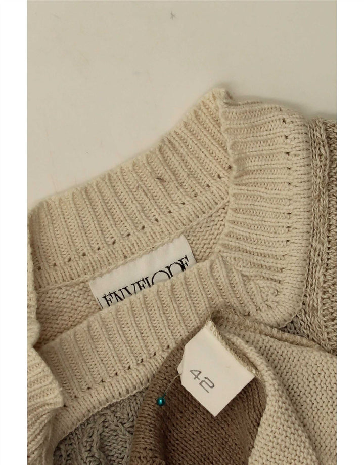 Vintage Damen Rundhalspullover Pullover EU 42 Groß Beige Patchwork