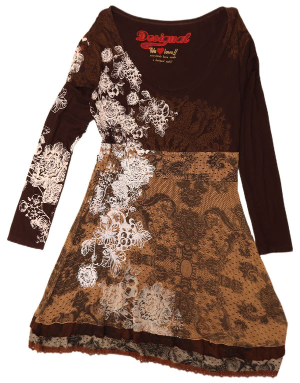 Desigual Damen Grafik-Langarm-A-Linien-Kleid UK 20 2XL Braun Paisley