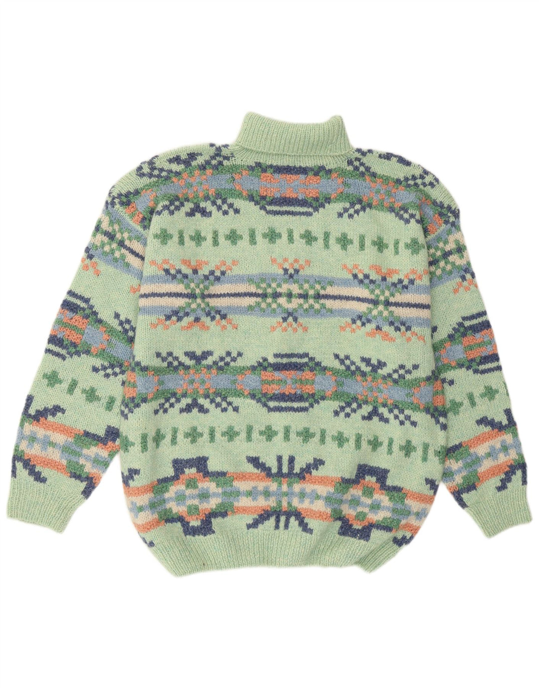 Vintage Damen Handgefertigter Rollkragenpullover UK 16 Large Green Aztec