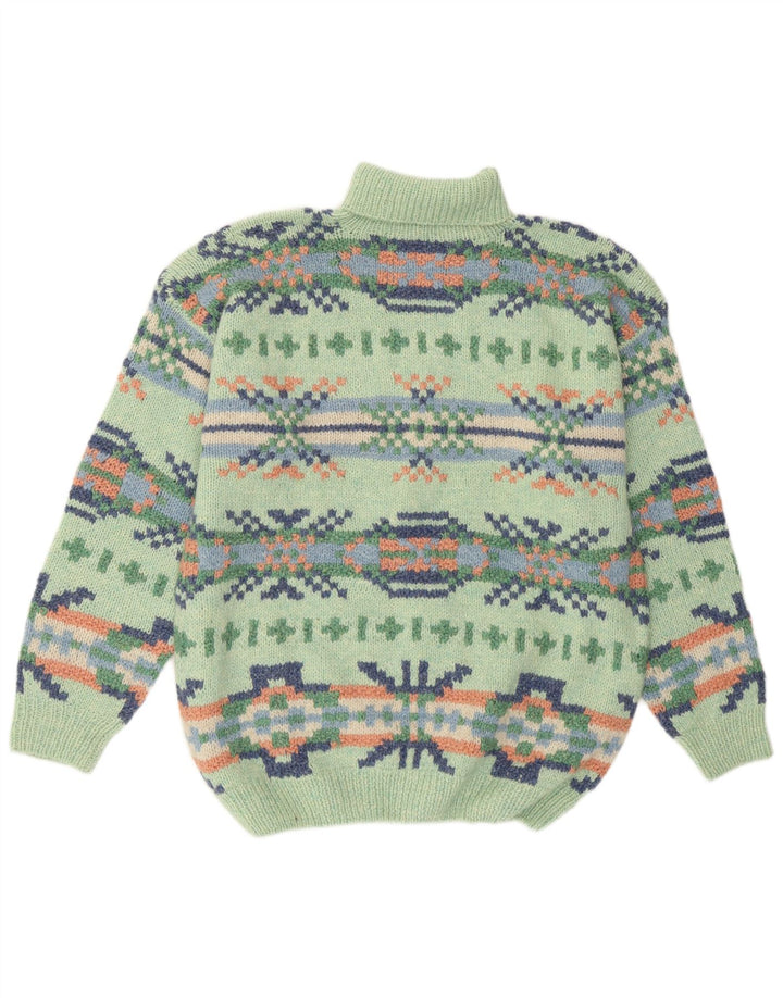 Vintage Damen Handgefertigter Rollkragenpullover UK 16 Large Green Aztec