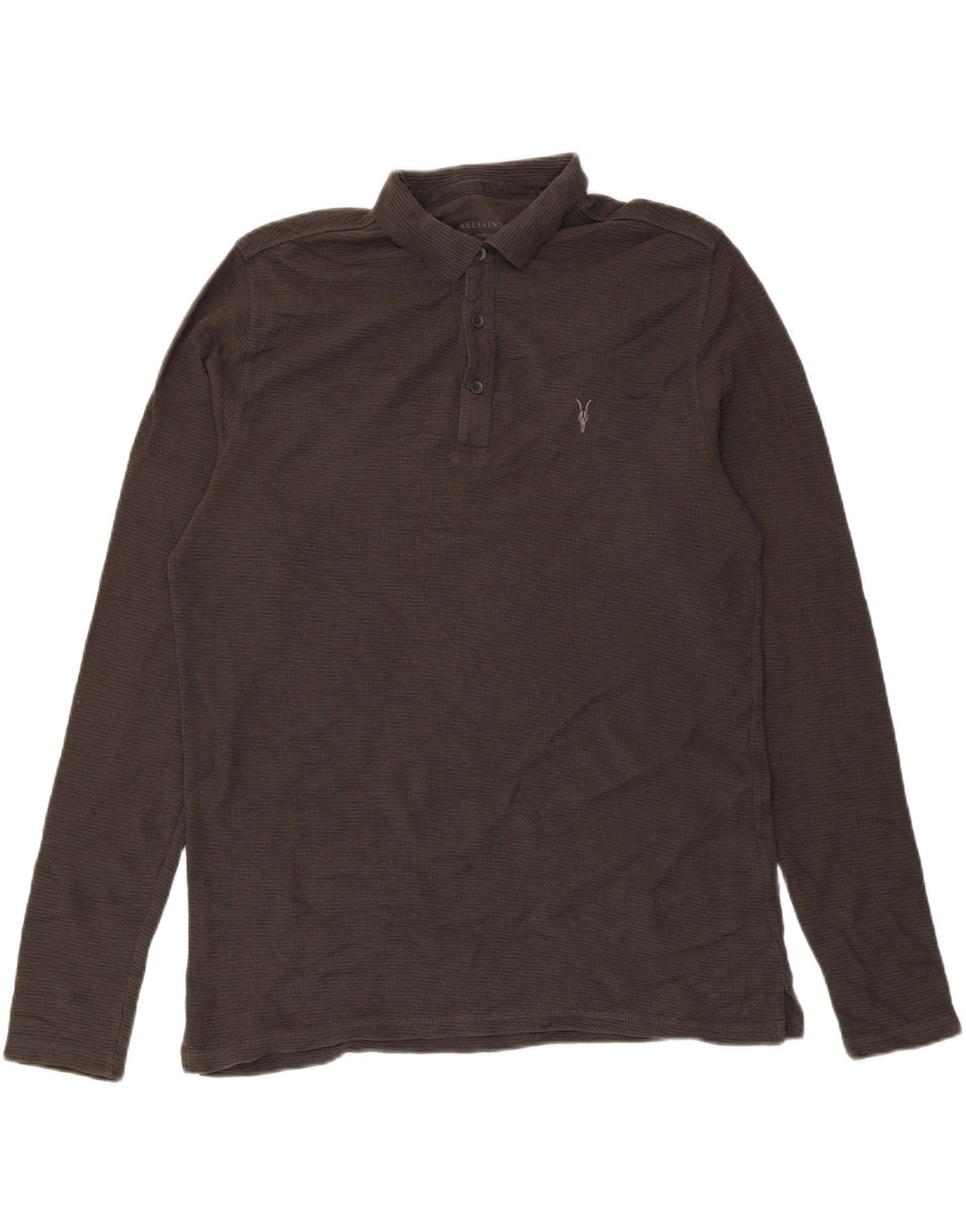 All Saints Herren-Langarm-Poloshirt aus mittelgrauer Baumwolle