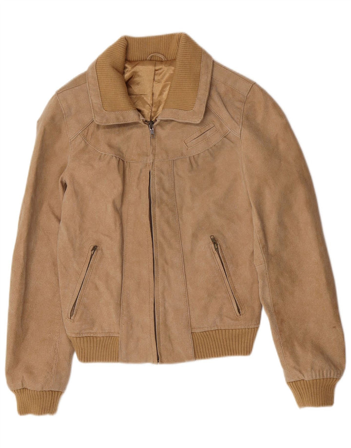 Vintage Damen Wildleder Bomberjacke UK 12 Medium Beige Leder